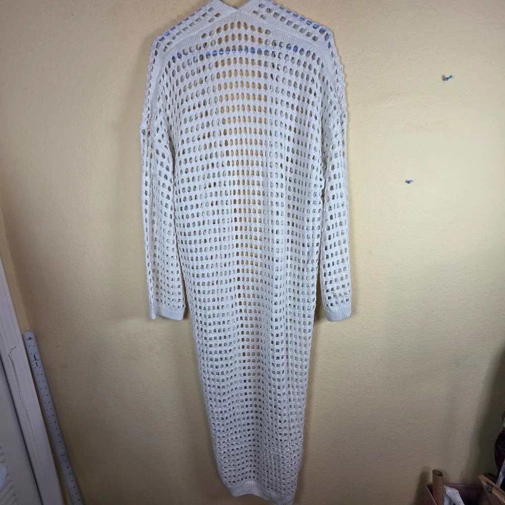 White Open Knit crochet coastal boho prarie Maxi Cardigan‎ Duster Coverup XXL